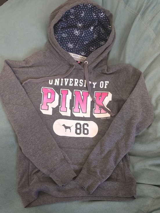 PINK Victoria's Secret Sweaters - VINTAGE! 2008 PINK Victoria's Secret University Hoodie - Gray with Pink Logo